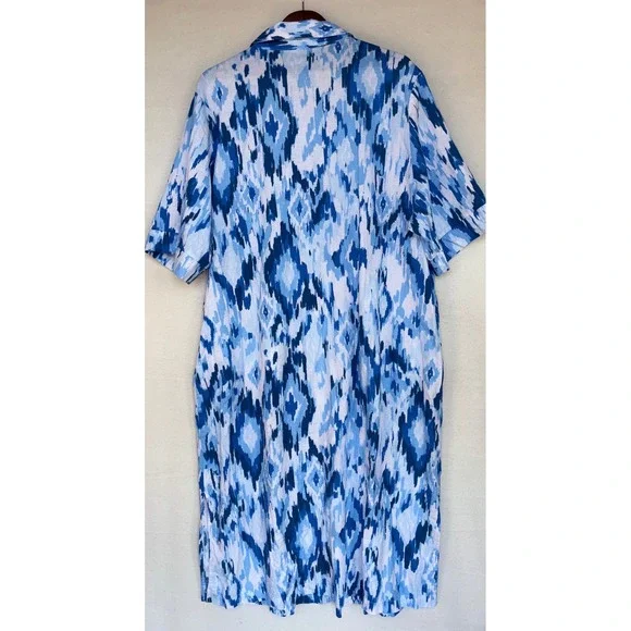 NOTTIBIANCHE Linen Shirt Dress Caftan Midi Maxi Button Lagenlook Blue Ikat 1X - Picture 4 of 9